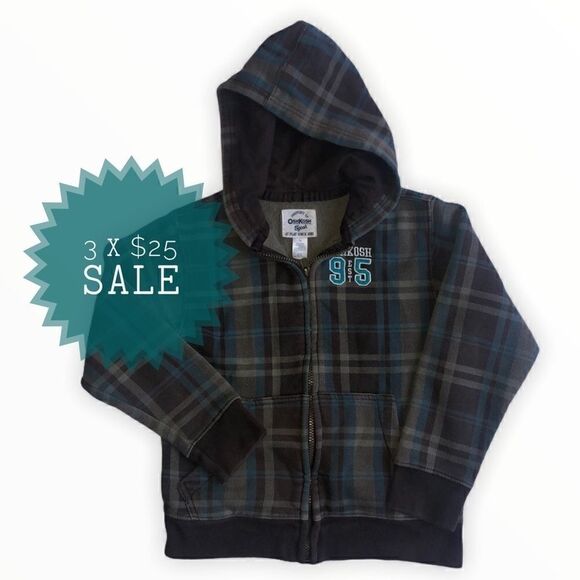 3/$25 OSHKOSH B’GOSH PLAID PRINT HOODIE 7X - Picture 1 of 14